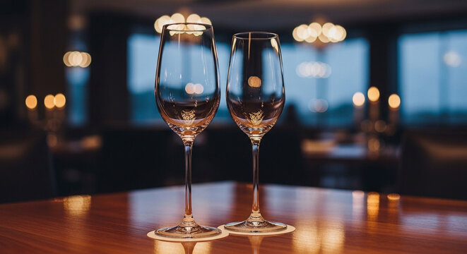 Crystal glasses of champagne and elegant wineglasses rest on a restaurant table during a celebratory dinner party featuring white wine and sparkling beverages