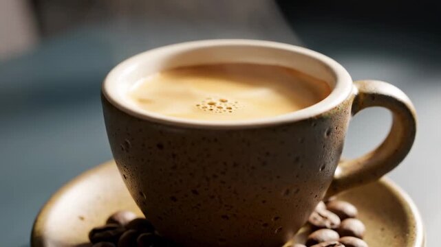 Fresh hot espresso pouring into a ceramic cup with rich crema and steam for a morning coffee break.