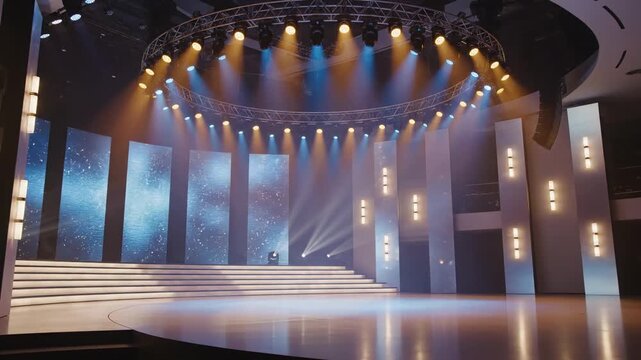 Empty modern stage with professional spotlight rigging and circular lighting for a corporate event or concert.