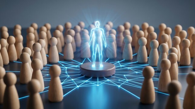 Futuristic AI Leader Standing at Center of Connected Human Network with Glowing Digital Links.