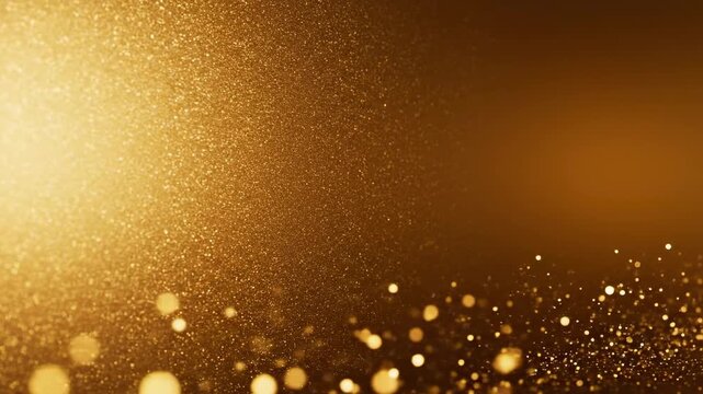Elegant gold glitter background with festive bokeh lights and shimmering particles for holiday celebrations.