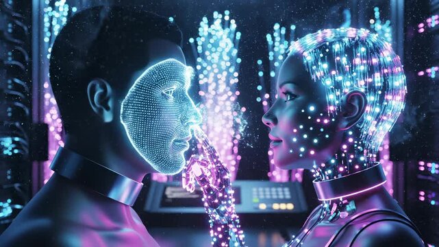 Futuristic robot faces human woman with glowing digital brain between them. Robot and female connect through holographic brain display. Cyborg meets woman with digital neural visualization.