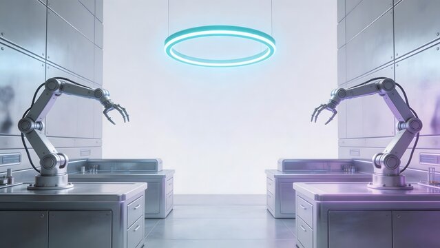 Futuristic robotic lab with arm manipulators