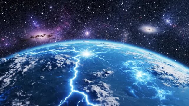 Conceptual illustration of planet earth surrounded by powerful electrical energy and global digital connections in space.