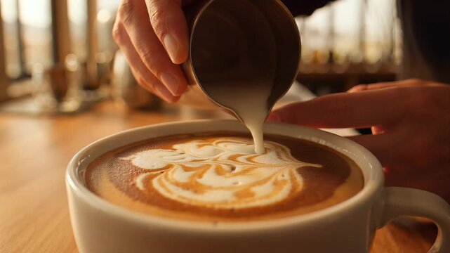 Barista skillfully crafts intricate latte art in a white mug at a coffee shop