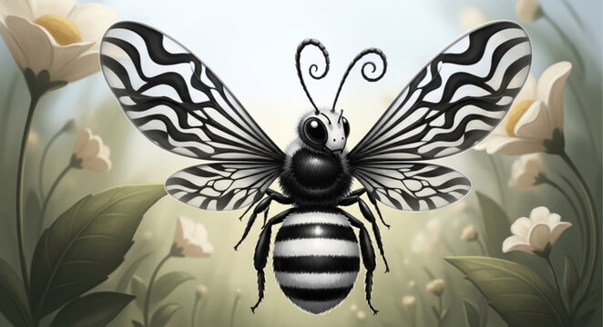 Stylized Bee with Black and White Wings and Body.