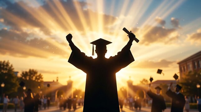 Graduation Triumph: Silhouette of a graduate celebrating academic achievement at sunset, a moment filled with promise and the culmination of years of hard work. 