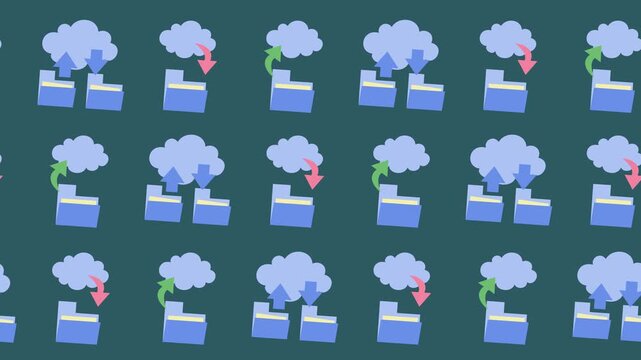 Seamless pattern of cloud computing and folder data transfer icons in a background animation. Flat design of digital storage synchronization and cloud backup technology wallpaper for file management.