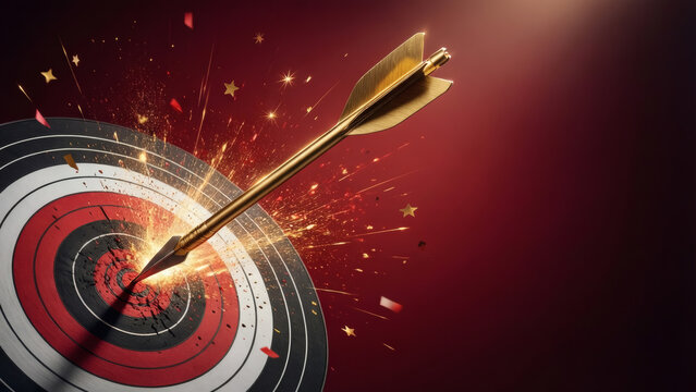 Fl&egrave;che en or qui pointe le centre d'une cible. Illustration 3D isol&eacute;e sur fond rouge, entour&eacute; de particules lumineuses accentuant une position centrale. Symbole de r&eacute;ussite et d'enrichissement.