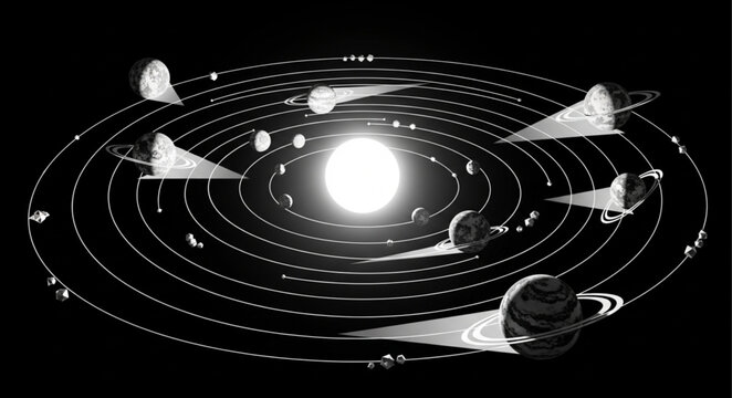 Solar System Illustration with Planets Orbiting the Sun.