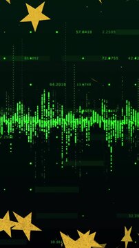 Vertical video: Gold stars entering causing green waveform pulsing and labels tracking data loop
