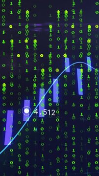 Vertical video: On play neon chart marker moving and bars shifting under binary rain to show trends