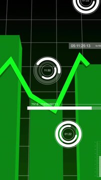 Vertical video: Data feed starting green bars rising polyline tracing peaks overlays showing trends