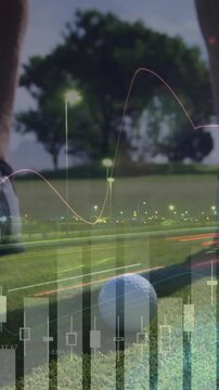 Vertical video: Golfer shifting and aligning putter as data charts changing, showing market trends