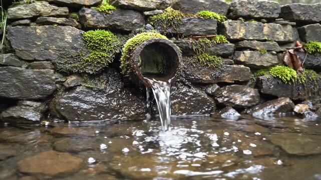 Clear water flowing from a rusty drainage pipe through a mossy stone wall in a rural environment.
