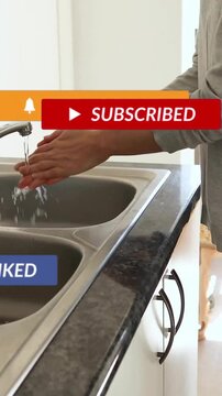 Vertical video: Tap starting flow, female hands washing for hygiene while social badges sliding