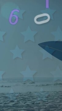 Vertical video: Board entering, surfer with it walking to ocean to surf, stars and numbers drifting
