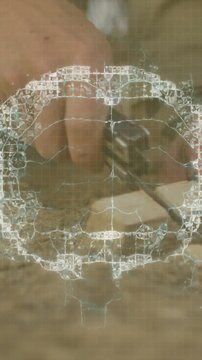 Vertical video: Hands opening saw, placing wood, sawing notch while cracked overlay rising, cutting