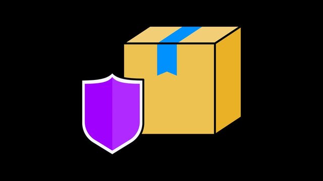 Seamless looping package box and purple shield animation moving up and down. Secure delivery and shipping protection motion graphic on a transparent alpha channel for logistics themes