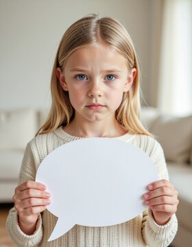 A Young Girl's Unspoken Thoughts: A young girl with a somber expression holds a blank speech bubble, her gaze conveying a silent narrative of contemplation and emotion.