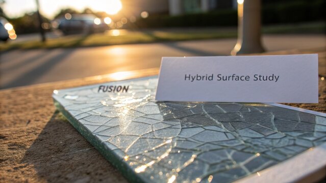 Glass Surface Experiment Documentation under Sunset Light, Featuring Hybrid Surface Study Title Card and Artistic Background Elements