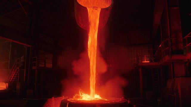Molten metal streams from a ladle into a foundry crucible, showcasing intense heat and industrial casting processes.