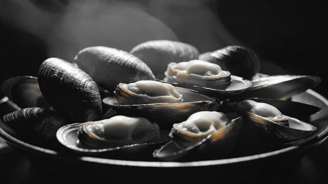 Steaming Mussels on a Plate, Close-up Monochrome with Selective Color, Fresh Cooked Seafood Ready to Eat