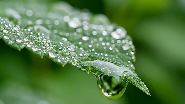 Macro shot of water droplets on a green leaf with soft focus background.