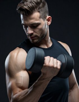Strength and Focus: A man engaged in intense weightlifting, his gaze fixed with determination as he lifts a dumbbell, embodying physical prowess and mental fortitude.