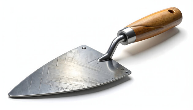 Steel cement trowel with ergonomic wooden handle isolated on white background. Realistic 3D visualizations for building construction concept, home renovation, carpentry equipment&architectural project
