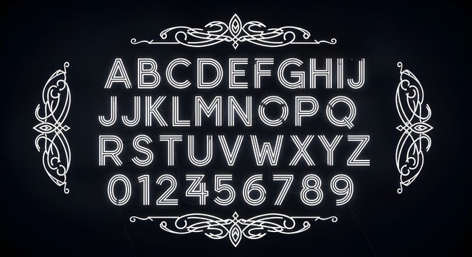 illuminated art deco alphabet and numbers set against a dark background with decorative flourishes symbolizing vintage typography and design elements