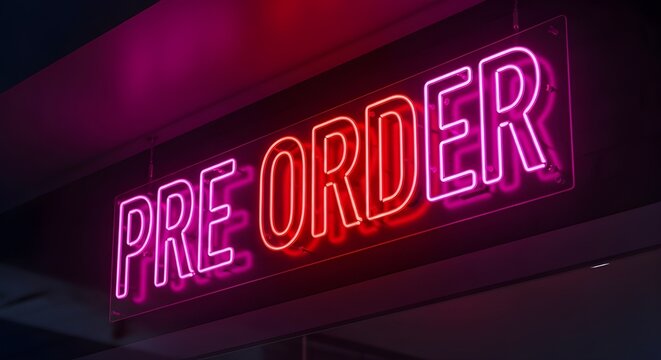 Glowing pink and red neon sign displaying the words pre order hanging clearly against a dark wall in a modern shop