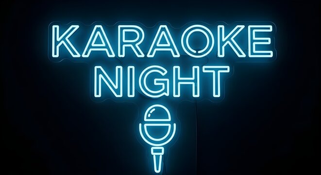 Bright blue neon sign displays the words karaoke night above a stylized microphone icon glowing against a dark black textured wall