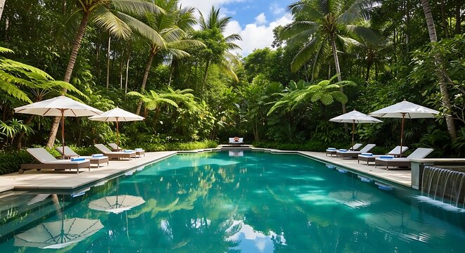Modern resort with palm trees and swimming pool