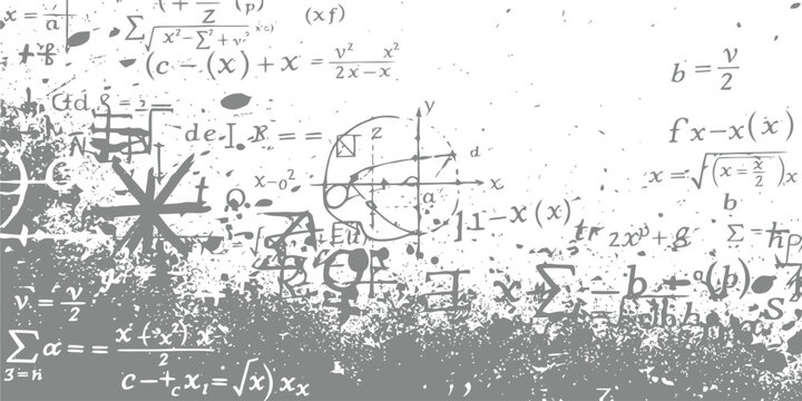 Complex mathematical formulas and scientific equations with grunge texture overlay on white background surface