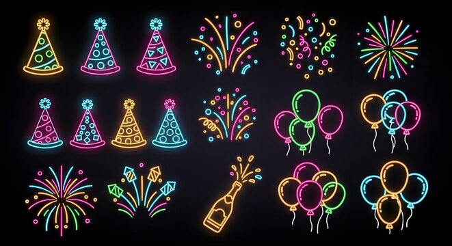 A vibrant collection of neon celebration icons for festive events and parties, including hats, fireworks, and balloons.