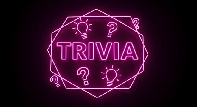 A vibrant pink neon light sign illuminating the word "TRIVIA" with glowing question marks and lightbulbs, perfect for a quiz game night concept.