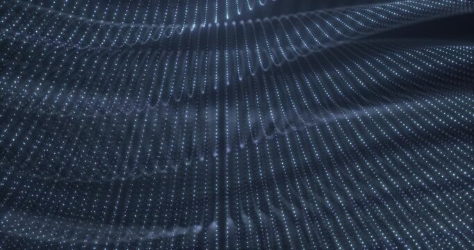 Glowing dotted wave layers forming smooth abstract surface, blue digital motion with depth, futuristic technology background, soft light and dynamic flowing pattern.