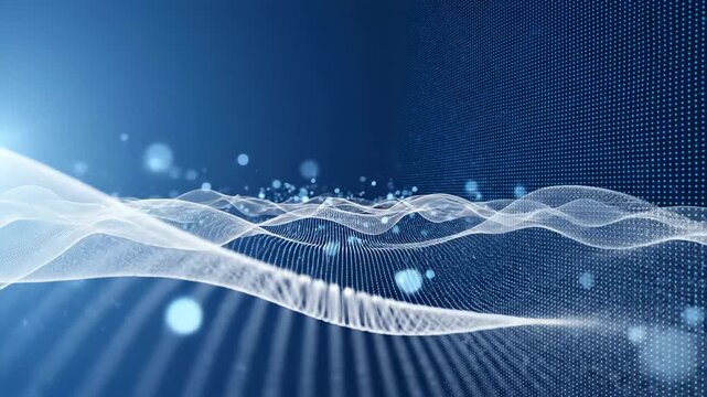Abstract digital technology background with flowing particle waves and glowing data network grid.