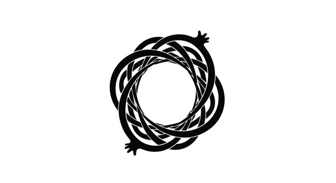 Intricate black interwoven design with pomegranate elements on a white background