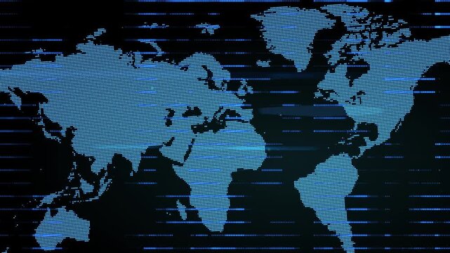 Digital world map with blue scanning lines, abstract global network visualization, futuristic technology background with data flow, motion, depth and cyber style.