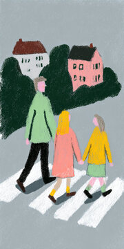 gouache and colored pencil illustration of a cross walk in a neighborhood