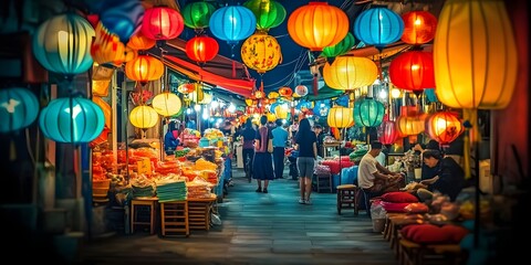 Naklejka premium Taipei night market, colorful lanterns.