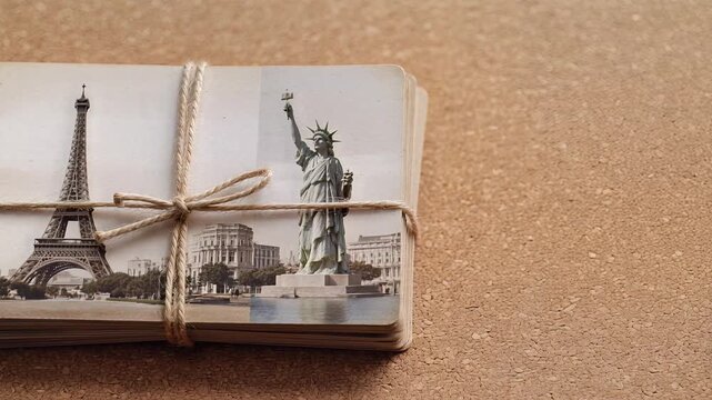 Stack of Vintage Postcards Featuring Iconic Landmarks Like Eiffel Tower and Statue of Liberty Tied With Rope