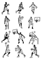 Obraz premium A collection of black and white illustrations of basketball players