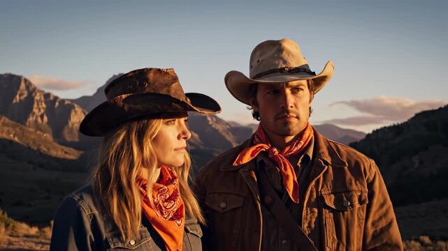 A rugged cowboy and cowgirl in traditional western attire standing before a mountain range at sunset.