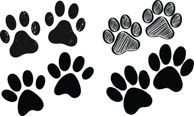 Fototapeta premium Dog paw print silhouette set with sketch style variation. Cute pet footprint icons perfect for dog, cat, veterinary & wildlife branding & print.