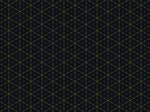 Green isometric grid pattern on black background. Geometric lines for technical drawing and digital design.