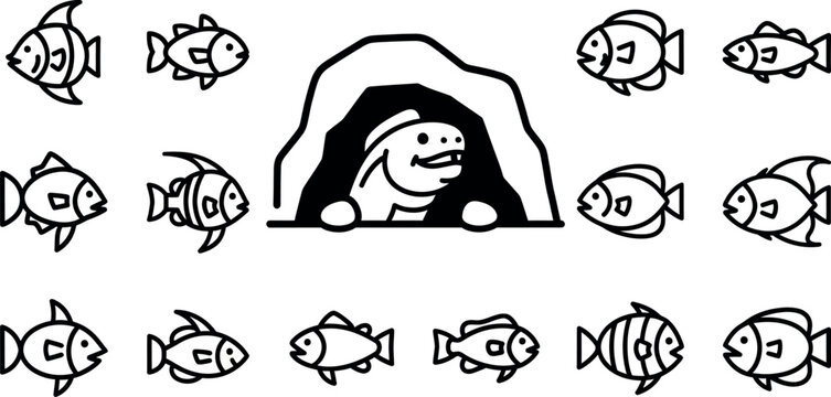 Cartoon fish swimming around a turtle peeking from a cave entrance underwater