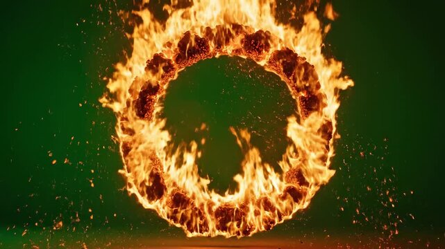 A burning ring of fire isolated on a green screen background for vfx compositing